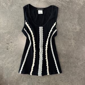 Vintage Y2K Ribbed Coquette Lace Black White Tank Top Made in USA Women's Small